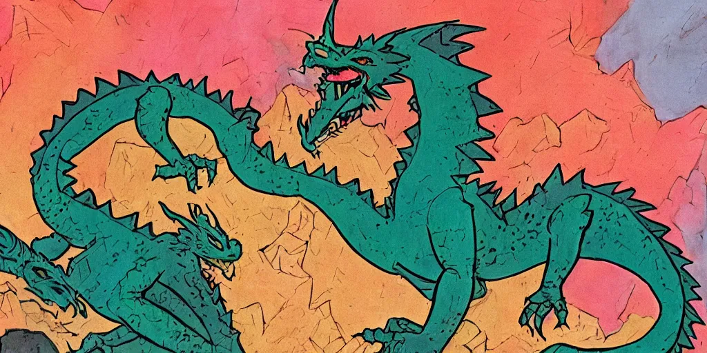 Prompt: colourful - damaged - detailed image of a Mike Mignola style dragon and of a castle
