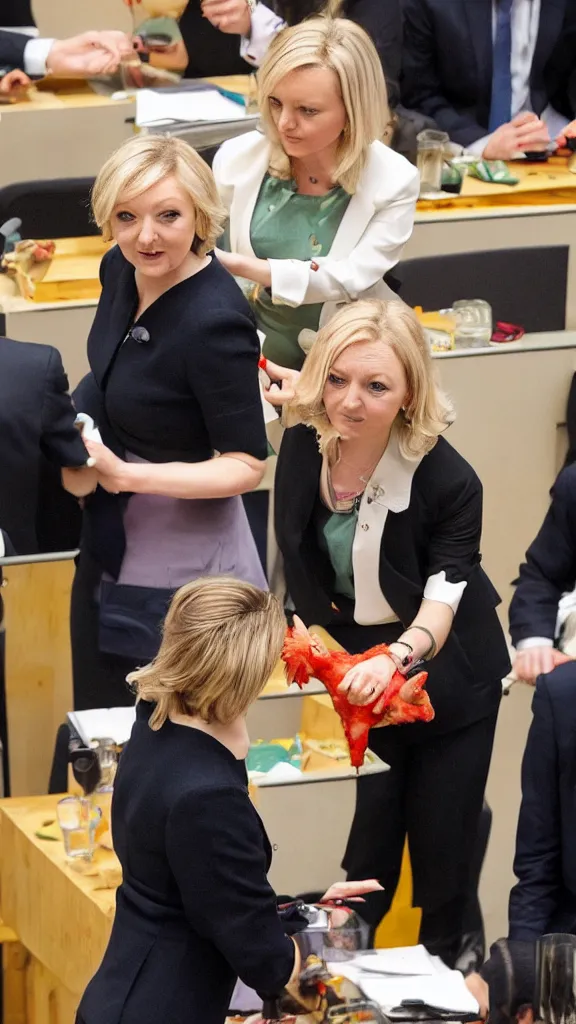 Prompt: liz truss, trussing a chicken