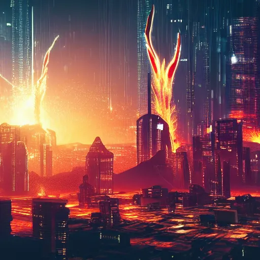 Prompt: large cyberpunk city on fire with volcano erupting in the background, planets in the sky, sharp focus, highly detailed, night