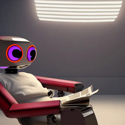 Image similar to futuristic studious matte brown and red and chrome full-body humanoid robot with two huge round expressive sad purple glowing LED eyes and open rectangular mouth sitting on a large comfortable cushioned 1950s vintage recliner reading a newspaper. open newspaper. Cinematic Movie Photograph, Arri Alexa, Extremely Detailed, smooth, very very clean, 8K, octane render, maya render, unreal engine, trending on artstation, DSLR, excellent composition, center frame