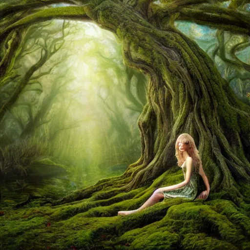 Prompt: Portrait of Taylor Swift as a dryad, characteristic sparkling green eyes, looking straight to the camera, illuminated for rays of light, behind her is an ancient forest full of life, by Annie Leibovitz, Ellie Victoria Gale and Steve McCurry, matte painting, oil painting, naturalism, 4k, 8k