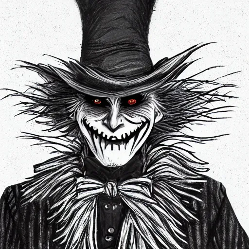 Image similar to a Pop Wonder scary horror themed goofy-hilarious-character Jack-Frost-Babadook-scarecrow-madhatter-williewonka-wearing a scarf, 3-piece-suit, dime-store-comic drawn with charcoal and pen and ink, half-tone-line-stacking