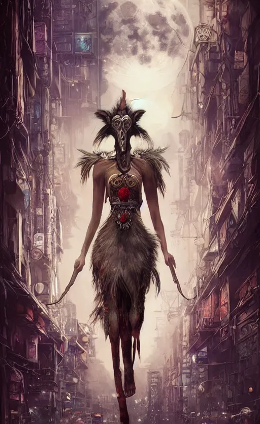 Image similar to hyper realistic Princess Mononoke, ornate mask magic, wet market street, cyberpunk metropolis, city landscape, jewels, full body pose, full moon, style of tom bagshaw, mucha, james gurney, norman rockwell, denoised, sharp