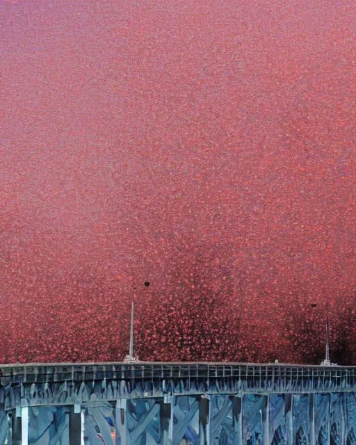 Image similar to explosion in a form of dry cotton flowers over the kerch bridge, wide lens