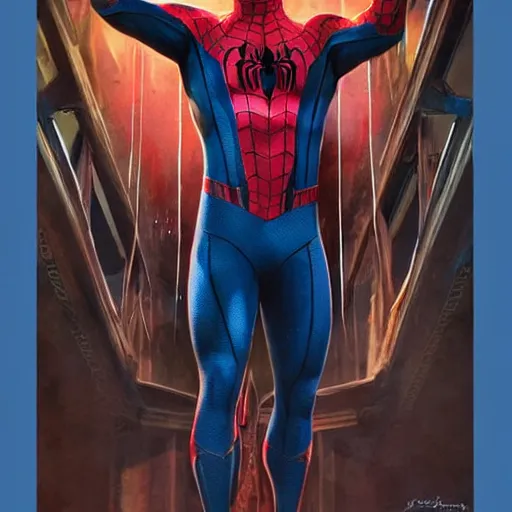 Image similar to ryan reynolds as spider - man, wearing a black and blue suit, cinematic, volumetric lighting, f 8 aperture, cinematic eastman 5 3 8 4 film, photorealistic by greg rutkowski, by stanley artgerm, by alphonse mucha