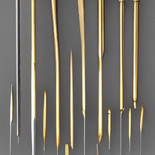 Prompt: polished gold surgical instruments designed in the style of body horror