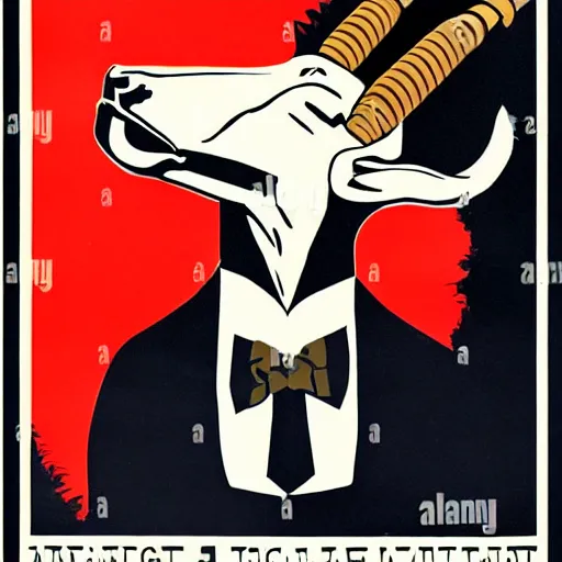 Image similar to a 1 9 3 0's propaganda poster of a goat skull wearing a tuxedo, smoking a cigar, limited color palette, minimalism, no writing,