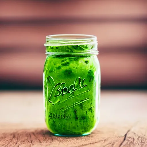 Image similar to close - up shot of a mason jar filled with cloudy green slime, macro lens, depth of field, bokeh