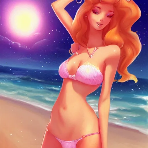 Image similar to beautiful princess peach in a bikini on the beach drawn by charlie bowater