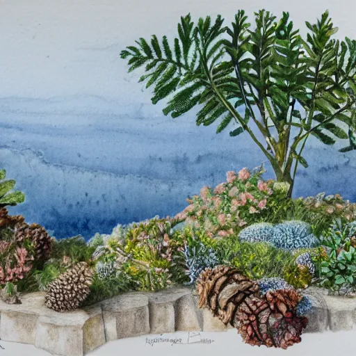 Image similar to delicate coastline mountain garden on paper, stony, puffy, botanical herbarium, botanic watercolors, iridescent, 8 k wide angle, realistic shaded, fine details, artstation, italian, colonnade, oak tree, pinecone, pomegranade, hydrangea, vines, gardena architecture, pompeian, sicilian