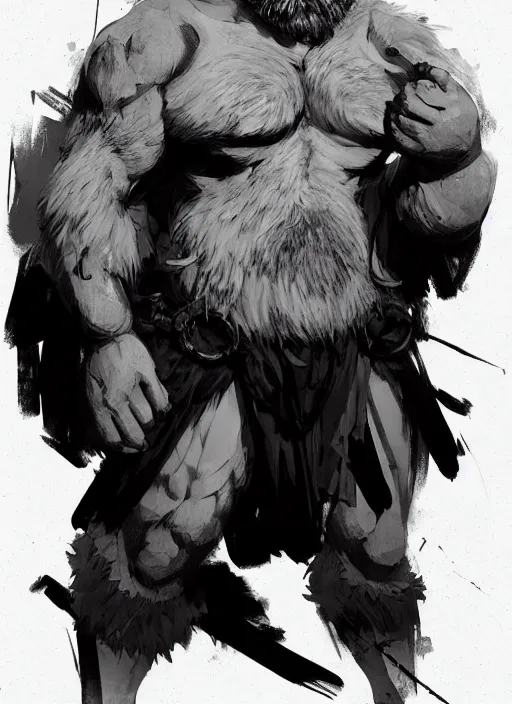 Prompt: Full body portrait of an old muscular man with blonde hair and beard wearing bear skin. In style of Yoji Shinkawa and Hyung-tae Kim, trending on ArtStation, dark fantasy, great composition, concept art, highly detailed.