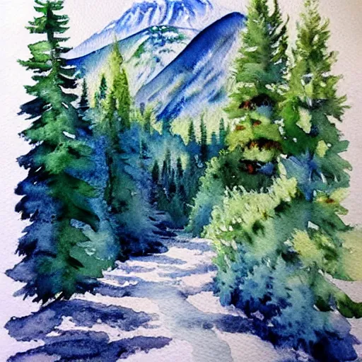 Prompt: https : / / s. mj. run / ykodba 4 hx 8 w, watercolor mountains painting, white swirls, forest