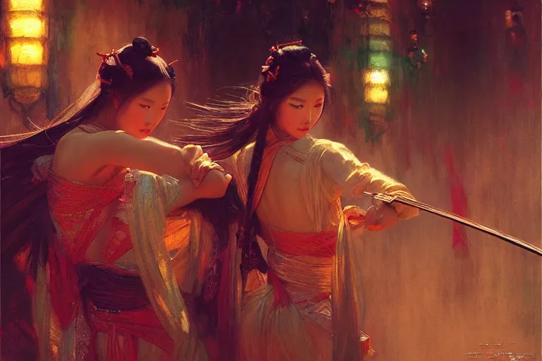 Image similar to wuxia, neon light, painting by gaston bussiere, craig mullins, j. c. leyendecker