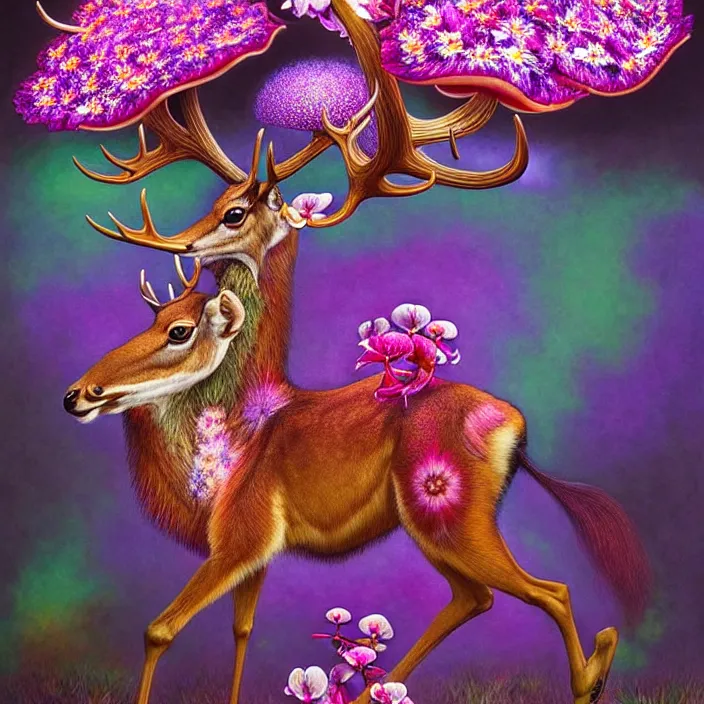 Image similar to extremely psychedelic animal made of orchid and cherry blossom tree and mushroom, elk, gazelle, LSD, diffuse lighting, fantasy, intricate, elegant, highly detailed, lifelike, photorealistic, digital painting, artstation, illustration, concept art, smooth, sharp focus, art by John Collier and Albert Aublet and Krenz Cushart and Artem Demura and Alphonse Mucha