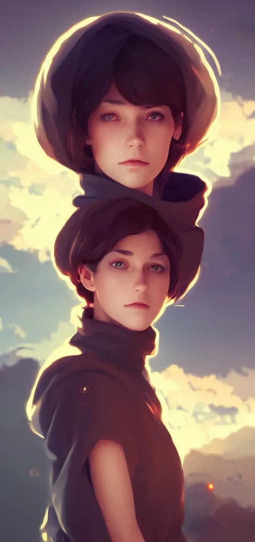 Image similar to a beautiful british woman with short brown hair, gentle, somber amber eyes, standing on a rooftop, storm in the distance, oversized hoodie that goes down to the knees, digital art by makoto shinkai ilya kuvshinov and wojtek fus, digital art, concept art,