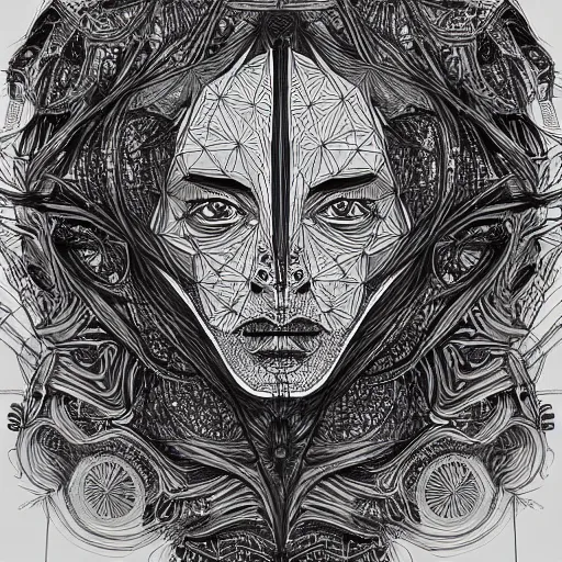 Image similar to Geometrically surreal Artificial Intelligent Faces, extremely high detail, photorealistic, intricate line drawings, dotart, album art in the style of James Jean