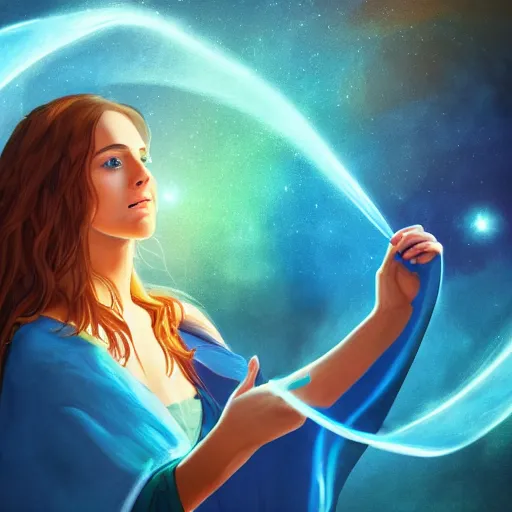 Prompt: high definition illustration of young mage woman with long blue cape, fire in outstretched hand, flowing brown hair, enjoying the view of a horizon of close planets in the sky, dense jungle, high definition, extremely detailed, 8 k, oled, beautiful lighting, shadows, reflections