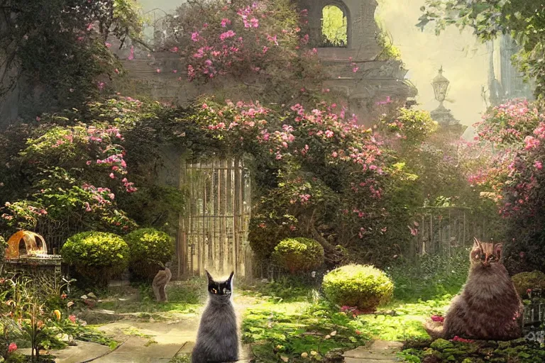 Prompt: The Secret Garden of cats, painting in the style by Greg Rutkowski