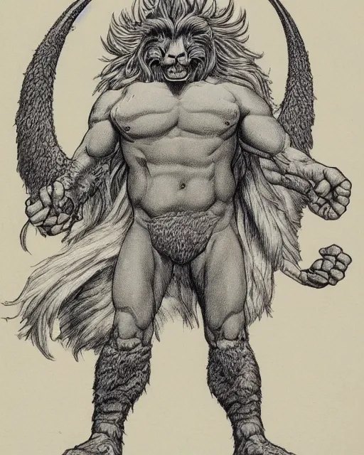 Image similar to a creature with the body and eyes of a man, beak of an eagle, the mane of a lion, two horns of an ox. drawn by moebius