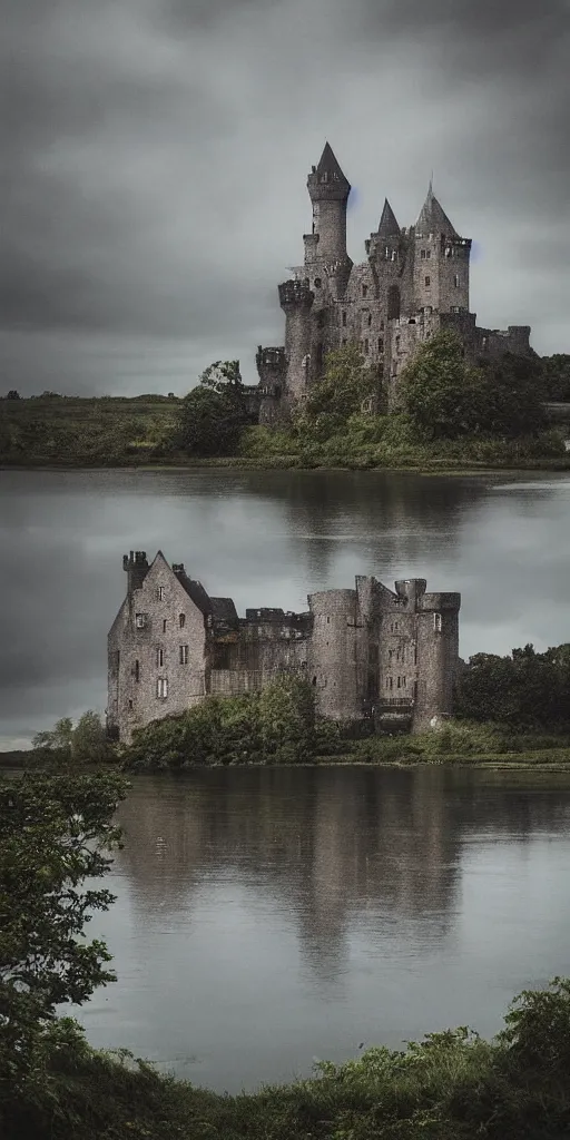 Prompt: “Irish medieval castle on an island on a lake, slightly worn-down and reclaimed by nature, cloudy but clear day, tonalism style, trending on Artstation, 8k, 4k, high-res, digital art”