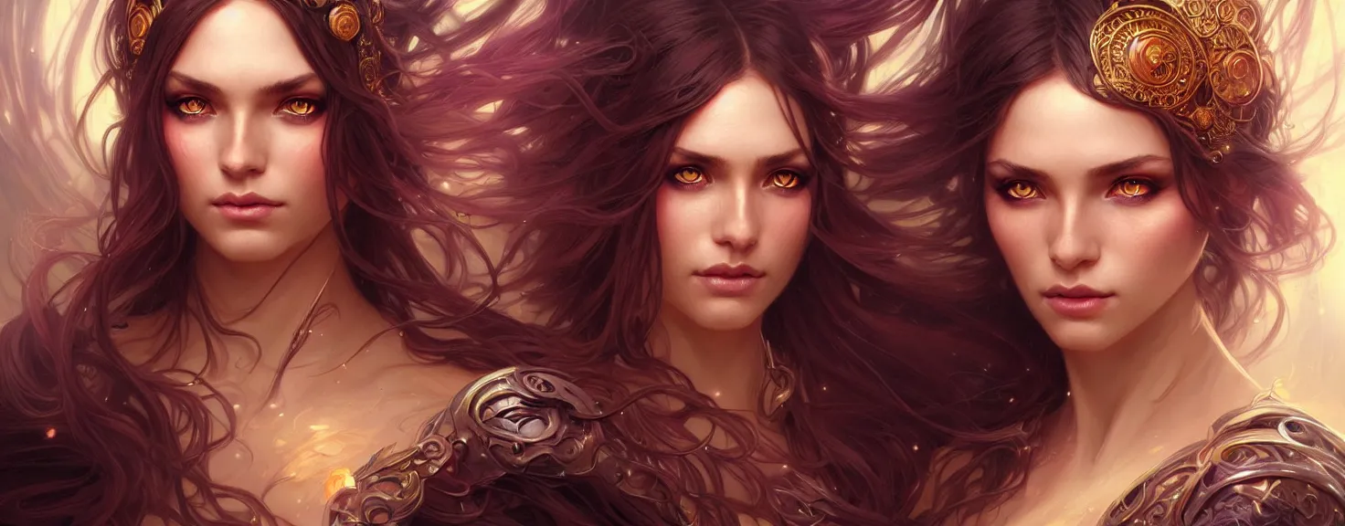 Image similar to fantasy magic woman portrait, sci-fi, amber eyes, face, long hair, fantasy, intricate, elegant, highly detailed, digital painting, artstation, concept art, smooth, sharp focus, illustration, art by artgerm and greg rutkowski and alphonse mucha