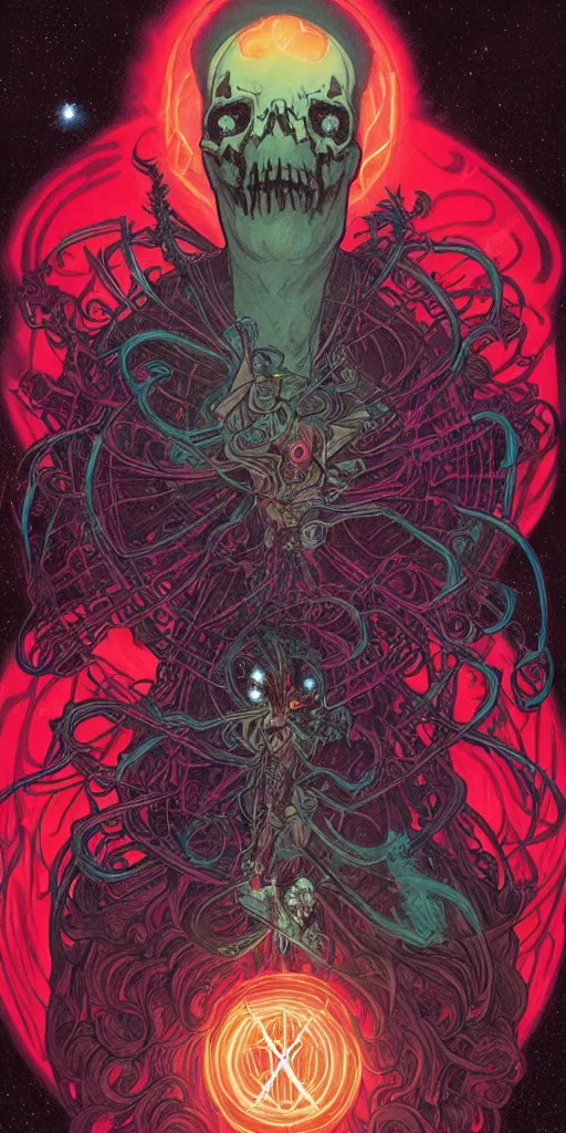 Prompt: intense glowing black metal pagan god with spider eyes and spider legs with a skull in very dark cosmic nebula by josan gonzales and moebius and alphonse mucha, portrait, light beams, lens flare, studio muti, malika favre, rhads, makoto, black and red and teal