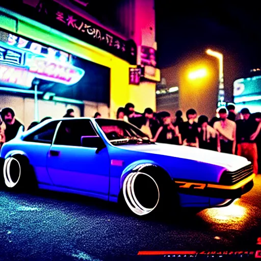 Prompt: a car S30 turbo drift at illegal car meet, shibuya prefecture, night mist neon lights, cinematic color, photorealistic, highly detailed wheels, highly detailed
