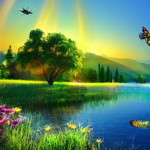 Prompt: A beautiful lakeview of a meadow with colorful insects on the water surface and fireflies on literal fire, high definition render, detailed, precise contrast and volumetric light