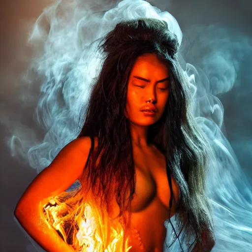 Prompt: very beautiful Polynesian woman, lava and fire goddess, is captured in a depth of focus shot with dramatic lighting, rim lights, and high level of detail. She is composed completely of lava, with melting skin and flames for hair. Character is in all her magnificence and is in a naturally calm stance, with air smoke and particles in the atmosphere as well as decorative clouds