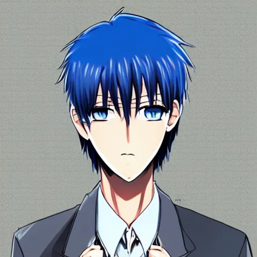 Image similar to Tall anime guy with blue eyes, blue hair wearing bordeaux shirt and white elegant jacket drawn in the style of Nanashi manga author