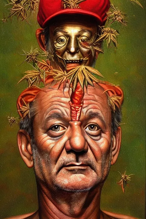 Prompt: hyper realistic portrait painting of bill murray ( intrincate detail, golden ornaments, marijuana ) wet, marijuana buds, by saturno butto, boris vallejo, austin osman spare and david kassan, by bussiere. occult art, occult diagram, red and green color scheme.