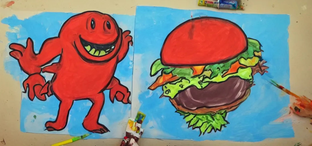 Prompt: kids painting of fast food monster