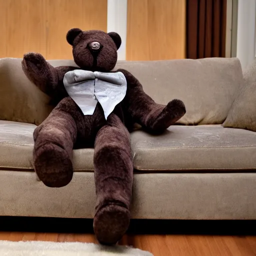 Image similar to an extremely strange looking teddy bear / mr. bean with very! very long!!!! legs on a formal couch, 4 k photo