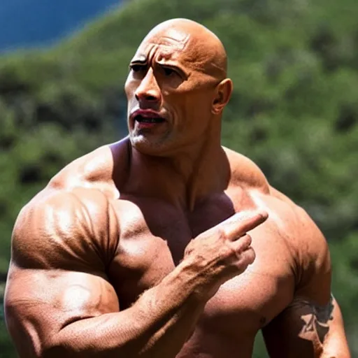 Prompt: real life photo of dwayne the rock johnson in front of a mountain