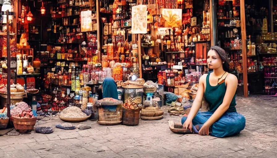 Prompt: movie still photograph of young woman in tonic sitting at spice market, warm air, beautiful composition, cinematic, vibrant colors, lights and shadows, highly detailed, depth of field, volumetric lights