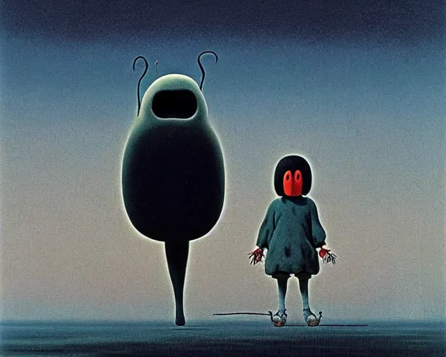 Prompt: no face from spirited away. angry art by beksinski and salvador dali. a still from spirited away by studio ghibli. surrealism, yves tanguy. beksinski art style