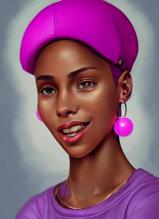 Image similar to portrait of vanessa morgan, black teenage girl, pink hair, wavy pixie haircut, purple newsboy cap, hoop earrings, subtle confident smile, intricate, elegant, glowing lights, highly detailed, digital painting, artstation, concept art, sharp focus, illustration, art by wlop, mars ravelo and greg rutkowski