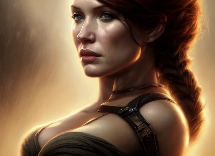 Image similar to portrait shot of christina hendricks in tomb raider, intricate, elegant, highly detailed, centered, digital painting, artstation, concept art, smooth, sharp focus, illustration, artgerm, tomasz alen kopera, peter mohrbacher, donato giancola, joseph christian leyendecker, wlop, boris vallejo