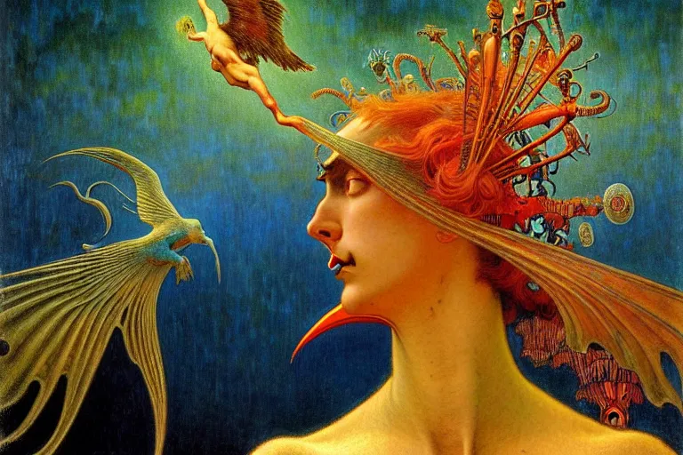 Prompt: realistic detailed portrait painting of a beautiful birdman, nightly graveyard landscape background by Jean Delville, Amano, Yves Tanguy, Max Ernst, Alphonse Mucha, Ernst Haeckel, Edward Robert Hughes, Roger Dean, masterpiece, cinematic composition, dramatic pose, 4k details, rich moody colours, blue eyes