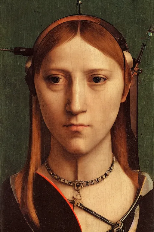 Image similar to a close - up portrait of a cyberpunk cyborg girl, by hans holbein the younger, rule of thirds