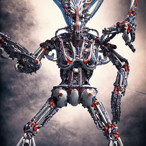 Prompt: futuristic, anatomical robot, biomechanical, with saurai sword, fighting evil armada, 8K, intricate detailed, hyperrealism, hyper realistic, super detailed, surreal