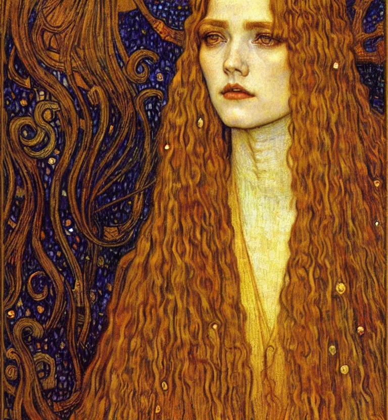 Image similar to detailed realistic beautiful young medieval queen face portrait by jean delville, gustav klimt and vincent van gogh, art nouveau, symbolist, visionary, gothic, pre - raphaelite, muted earthy colors, desaturated