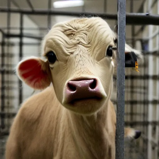 Image similar to cute calf with big eyes dressed as an inmate inside a jailcell