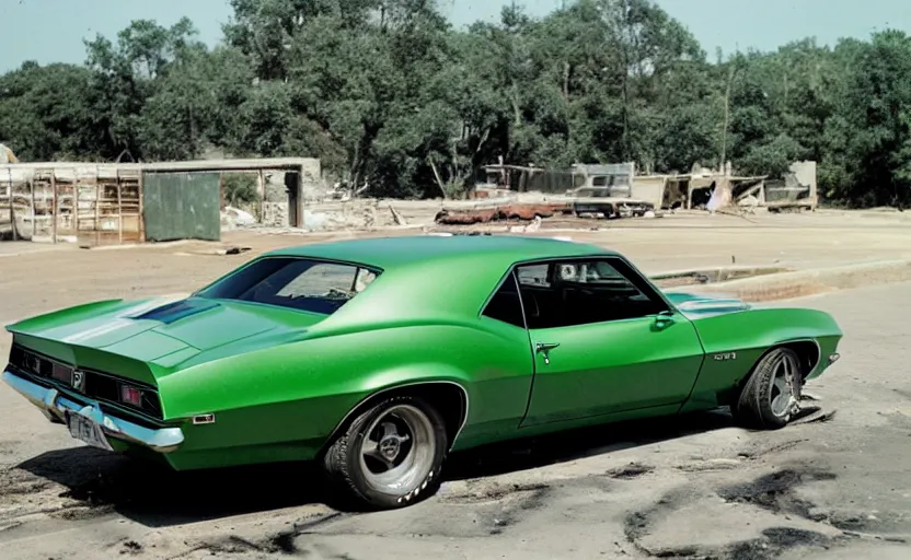 Image similar to a green 1 9 6 9 chevrolet camaro zl driving away from a fire explosion