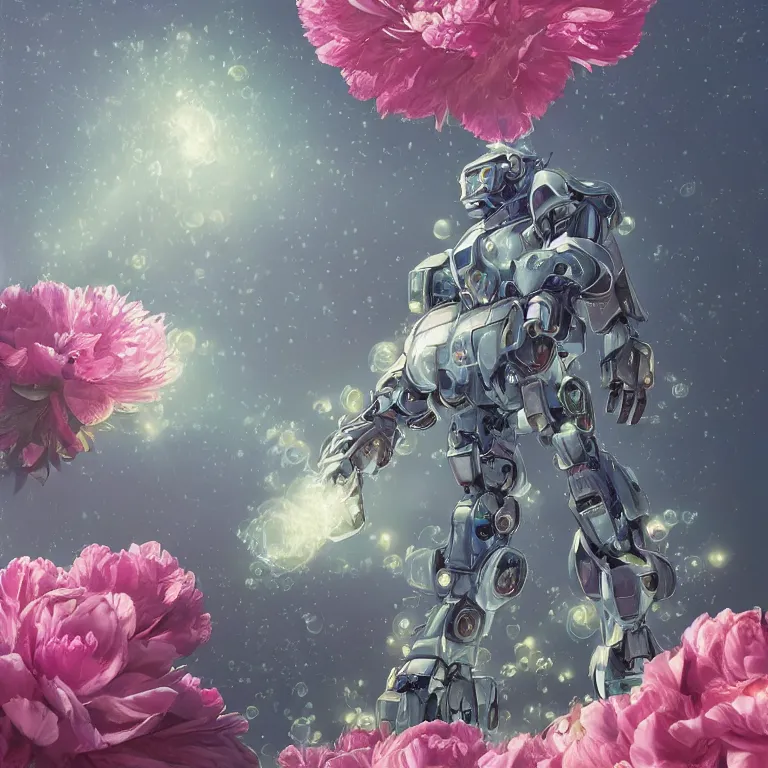 Image similar to A beautiful oil painting hyperrealism of armored mecha cyber drinks a magical bubble tea in a constellation of peonies, digital art, 8k resolution, octane render, Trending on artstation, by Gediminas Pranckevicius, volumetric light 2blue fractal Thunder glow by dan mumford, anaglyph effect, Laurie Lipton