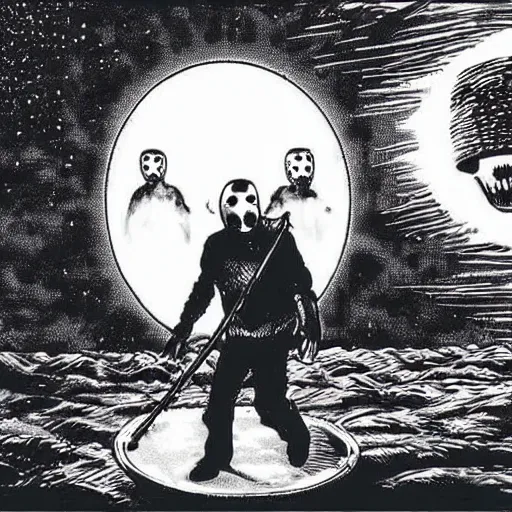 Image similar to jason voorhees being abducted by a flying saucer ufo