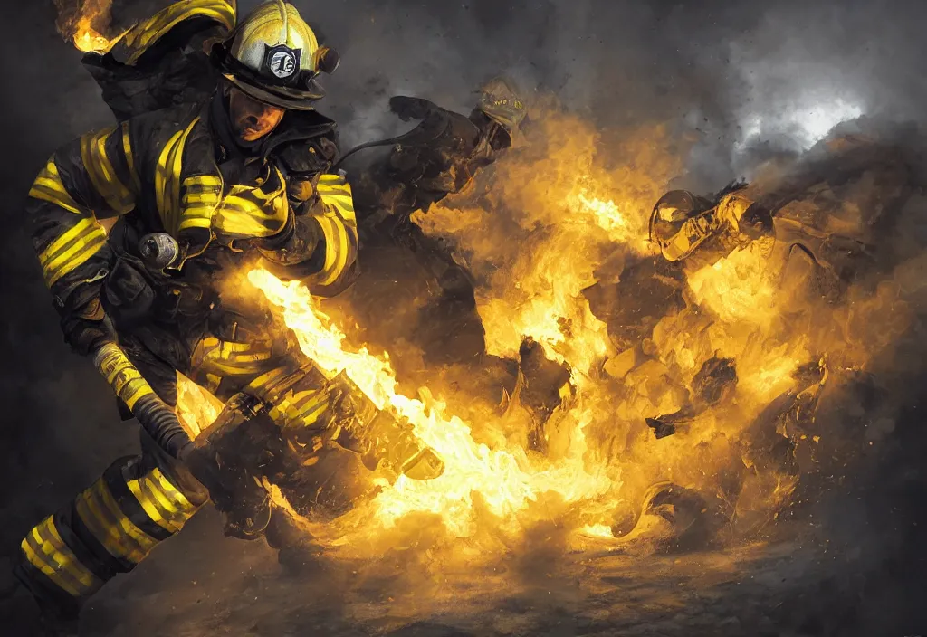 Image similar to one heroic firefighter in action in black and yellow uniform, fire flames, sharp details, sharp focus, realistic, highly detailed, illustration, by yerbol bulentayev and murat gul and pablo olivera and greg rutkowski, bloom, dramatic lighting