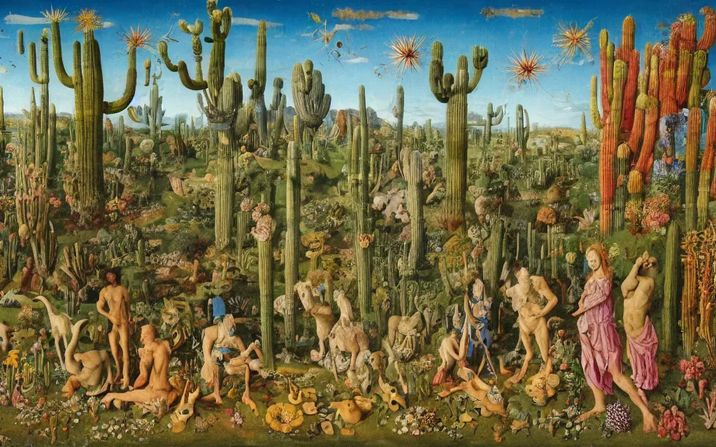 Image similar to landscape with a meditating centaur shaman and a striped werewolf feeding animals. surrounded by bulbous flowers, animals and a few trees and cacti. river delta with cliffs under a blue sky of burning stars. painted by jan van eyck, max ernst, ernst haeckel, ernst fuchs and artgerm, trending on cgsociety, gouache