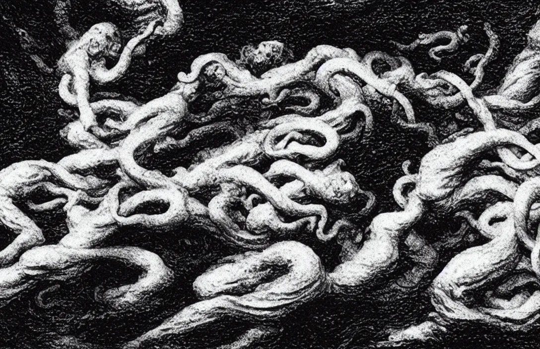 Prompt: minuscule curls of white foam the margins of a gothic illuminated manuscript intact flawless ambrotype from 4 k criterion collection remastered cinematography gory horror film, ominous lighting, evil theme wow photo realistic postprocessing river styx line density is used for rendering light and shadow. mass suicide directed by kurosawa