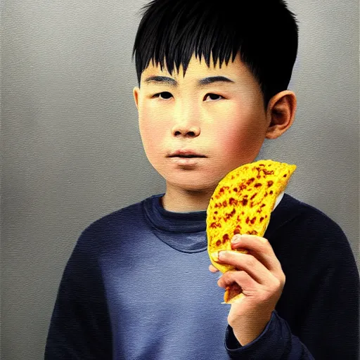 Image similar to dramatic portrait of chinese boy buzz cut, holding a taco, digital painting